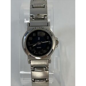 JJ Women's Quartz Watch Black Dial Silver 7.5" Band-‎ New Battery